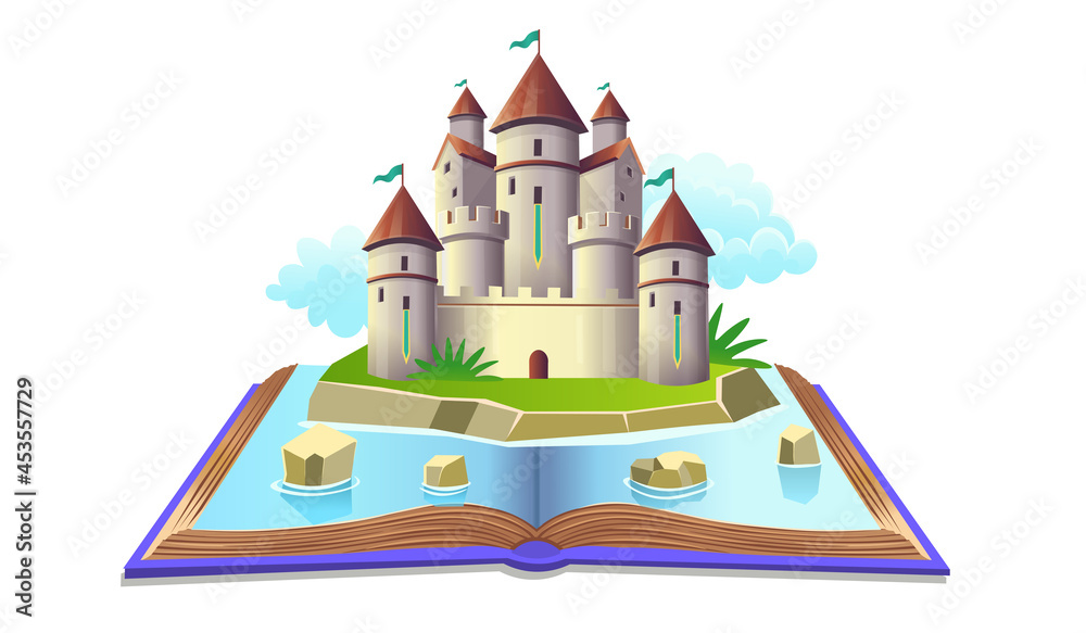 Open book with fairy castle and clouds. Vector illustration in cartoon style for kids. The concept of a children's playroom, birthday, kids club, kindergarten, school.
