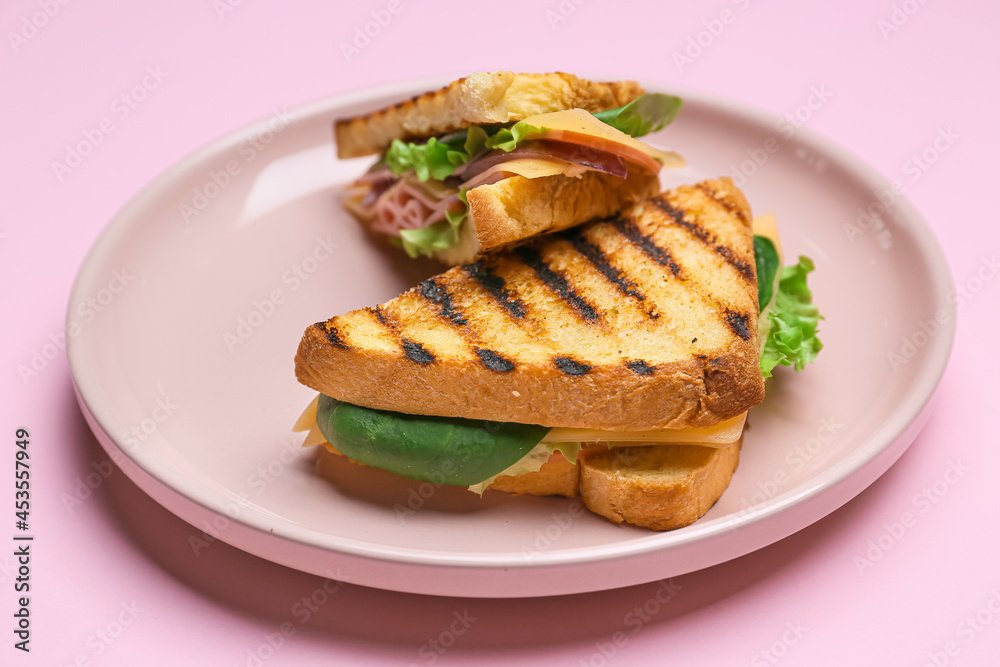 Plate with tasty sandwiches on color background, closeup Plate with tasty sandwiches on color background, closeup