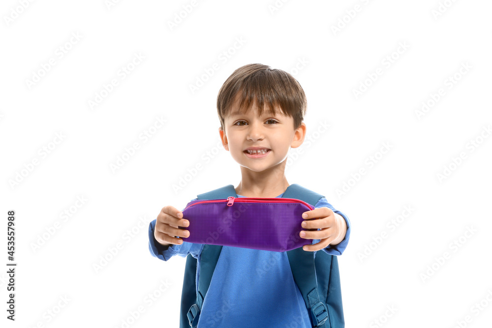 Little schoolboy with pencil case on white background Little schoolboy with pencil case on white background