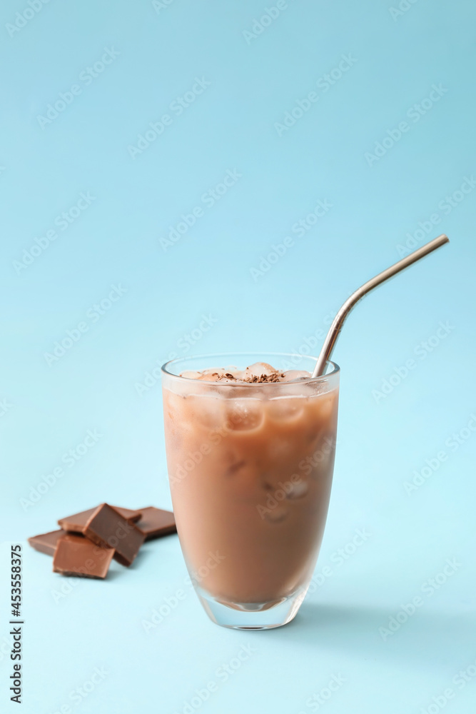 Glass of tasty chocolate milk on color background Glass of tasty chocolate milk on color background