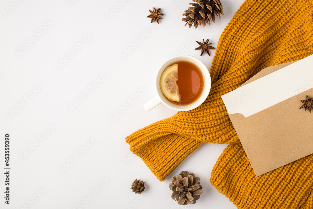 Top view photo of orange pullover cup of tea with lemon anise pine ...