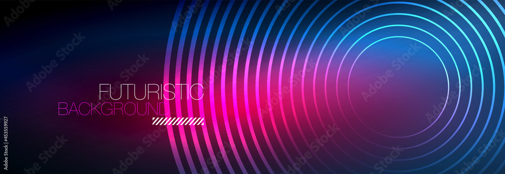 Dark abstract background with glowing neon circles. Trendy layout template for business or technology presentation, internet poster or web brochure cover, wallpaper Dark abstract background with glowing neon circles. Trendy layout template for business or technology presentation, internet poster or web brochure cover, wallpaper