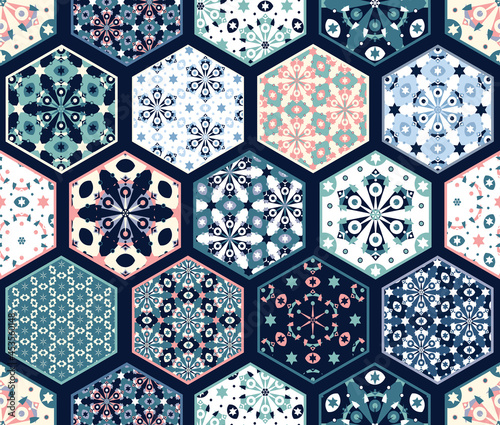 Kaleidoscope Snowflake geometric hexagonal patchwork Seamless pattern, folk background