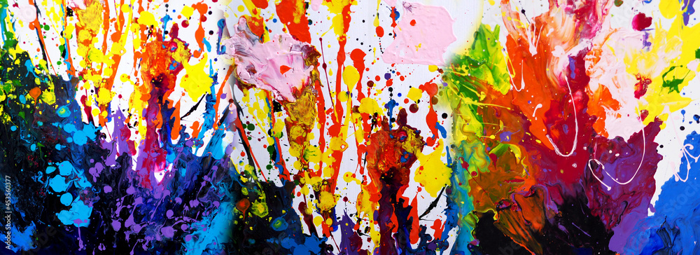 Fototapeta premium Hand drawn colorful painting abstract art panorama background colors texture.