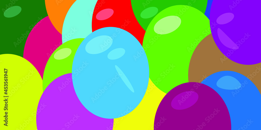 Vector image of multicolored balloons all over the area. A background of colored circles is perfect for birthday and other fun celebrations.