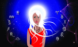 Vector image of a young female astrologer in a red dress on a background of the starry sky with the moon. The girl in the center is waist-high, and the signs of the zodiac are drawn around her.