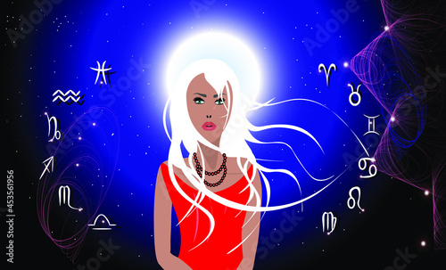 Vector image of a young female astrologer in a red dress on a background of the starry sky with the moon. The girl in the center is waist-high, and the signs of the zodiac are drawn around her.