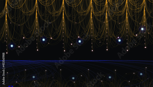 Vector illustration of a black dressy scene. The stage is decorated with yellow curtains with garlands that glow and reflect on the floor.