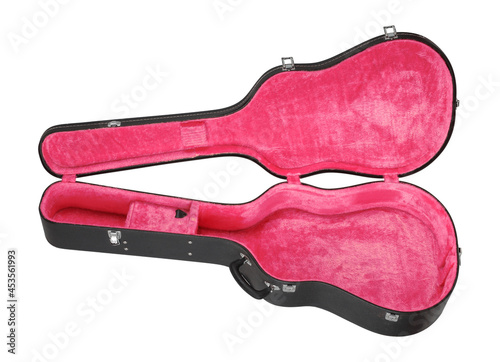 Musical instrument - Open black and red acoustic guitar hard case isolated