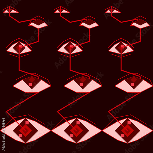 Pattern Name: "devil eyes" The pattern is made up of geometric figures. Both square and triangle were blended out into a modern-looking native pattern. 