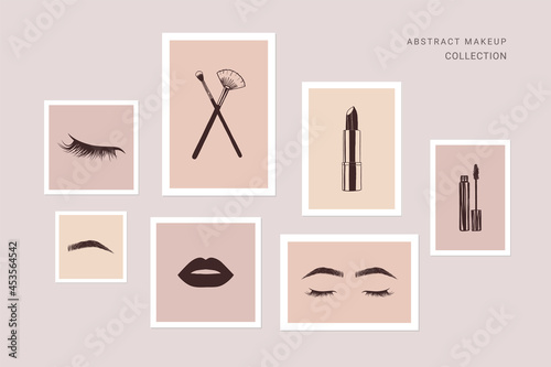 Beauty collection minimal art backgrounds, prints, covers, logo for social media, makeup artist. Makeup brushes, lashes, brows, lips, eyes, lipstick, mascara icons