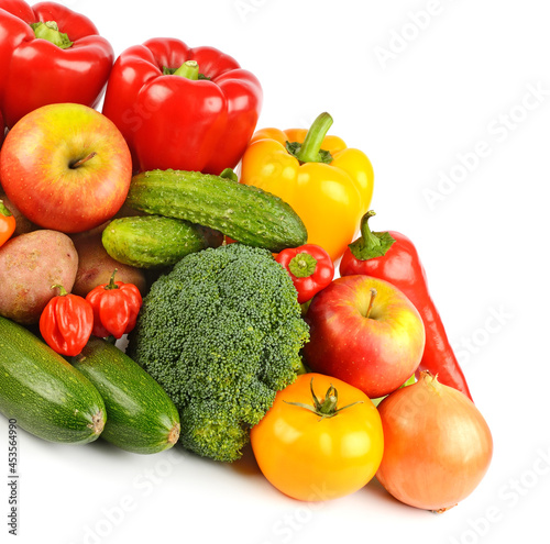 Composition of fresh vegetables and fruits isolated on white