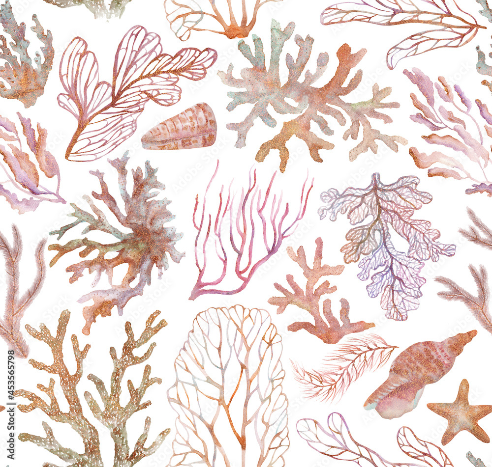 custom made wallpaper toronto digitalCorals and seashells painted in watercolor. Seamless pattern with seabed