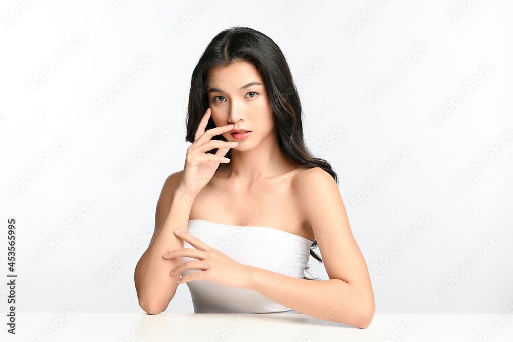 Beautiful young asian woman with clean fresh skin on white background, Face care, Facial treatment, Cosmetology, beauty and spa, Asian women portrait.