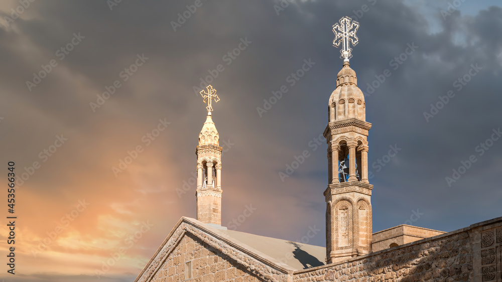 Midyat, Mardin, Turkey - January 2020: Architectural details of Mor Gabriel Deyrulumur Monastry. It is the oldest surviving Syriac Orthodox monastery in the world. Suitable for copy space