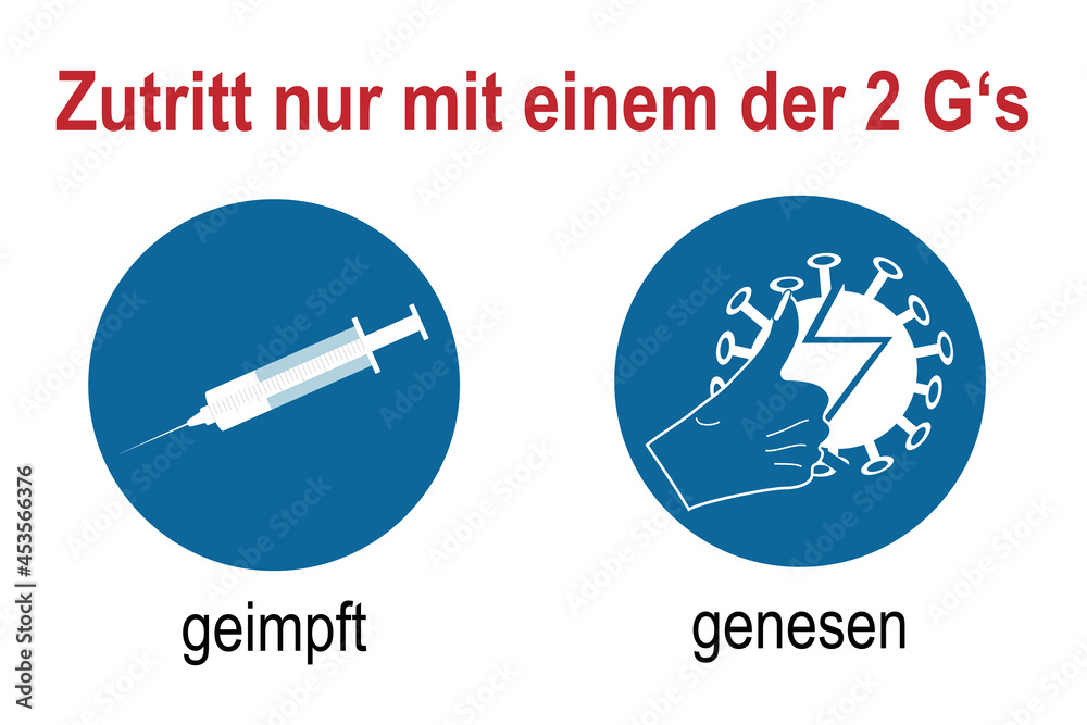 Hinweisschilder mit den 2 G's der Coronaschutzverordnung, geimpft und genesen. Hinweisschilder mit den 2 G's der Coronaschutzverordnung, geimpft und genesen.