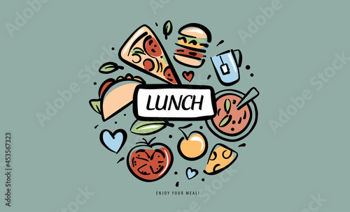 A painted set of lunch products in the form of an emblem
