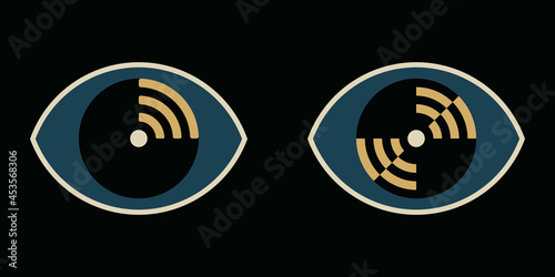 Wifi logo vector. Set of 2 version logo templates. Two flat logos of a glaring eye with wifi signal symbol on each. EPS8 file.