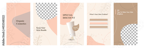 Minimal modern fashion and beauty social media story or stories banner collection kit in pink color. Including sale, photo isolated product display, tips template layout design with botanical leaf
