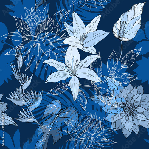 Blue monochrome hand draw seamless pattern with tropical flowers, blossom cluster seamless background