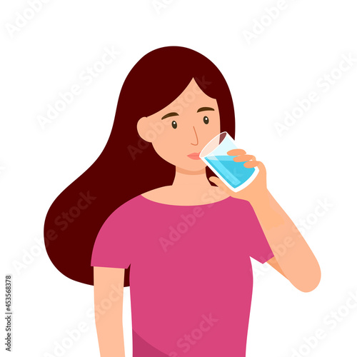 Young woman drinking water in flat design on white background. Drink more water for good health.