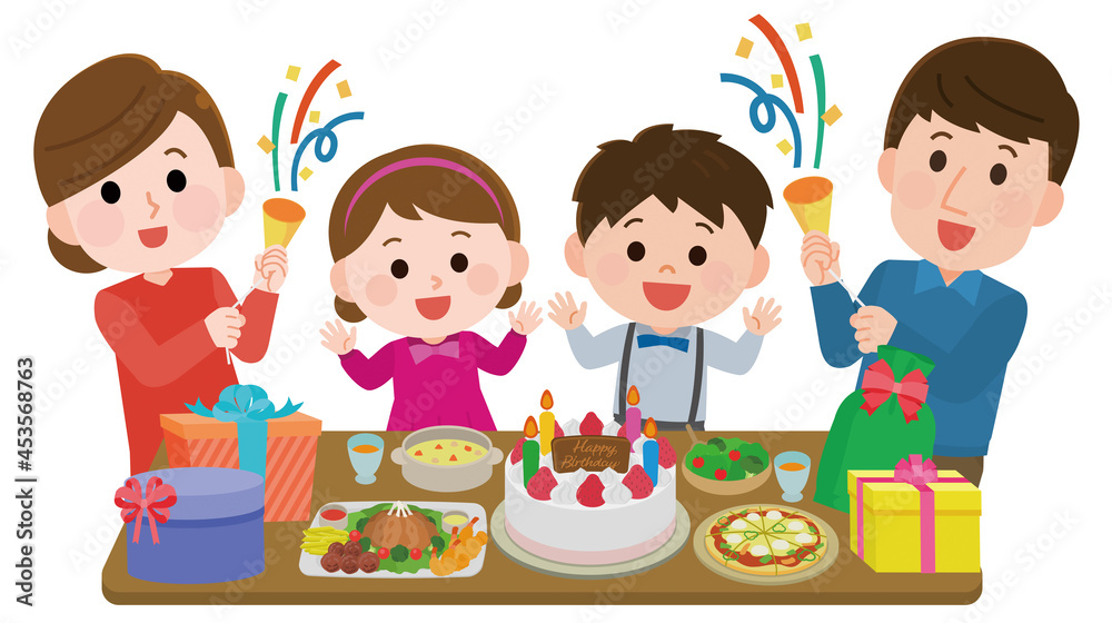 お誕生日パーティ　子供の誕生日を祝う家族　イラスト