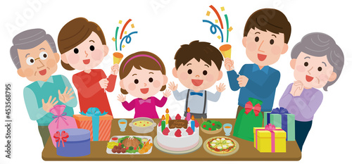 お誕生日パーティ　子供の誕生日を三世代で祝う家族　イラスト