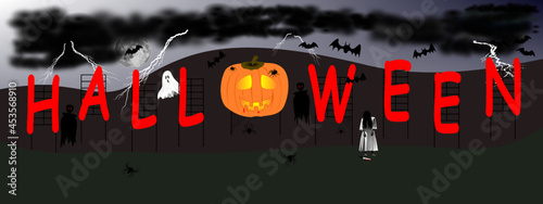 Vampires, bats and ghosts on a spooky Halloween banner.