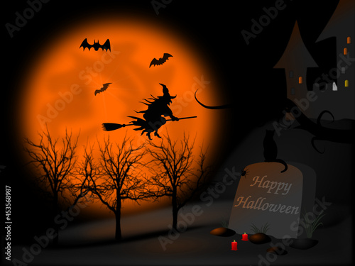 The witch on a broomstick flies over the cemetery to the spooky castle.