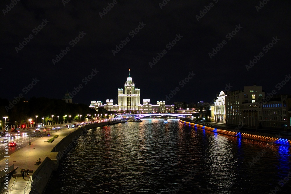 Moskva river in the heart of Moscow during night. Shot taken close to Zaryadye park. 
