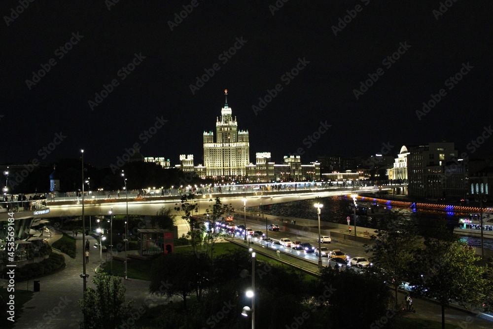Moskva river in the heart of Moscow during night. Shot taken close to Zaryadye park. 
