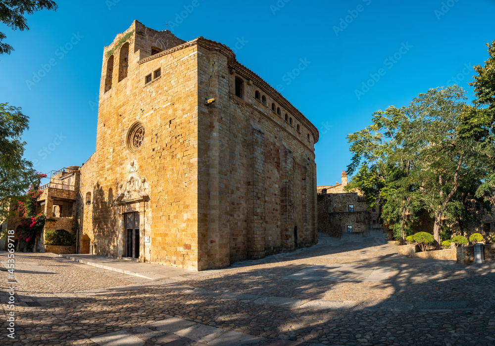 Panoramic of the Church of Pals medieval town, streets of the historic center at sunset, Girona on the Costa Brava of Catalonia in the Mediterranean