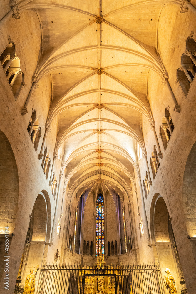Girona medieval city, roofs and columns of the interior of the Basilica of San Felix, Costa Brava of Catalonia in the Mediterranean. Spain