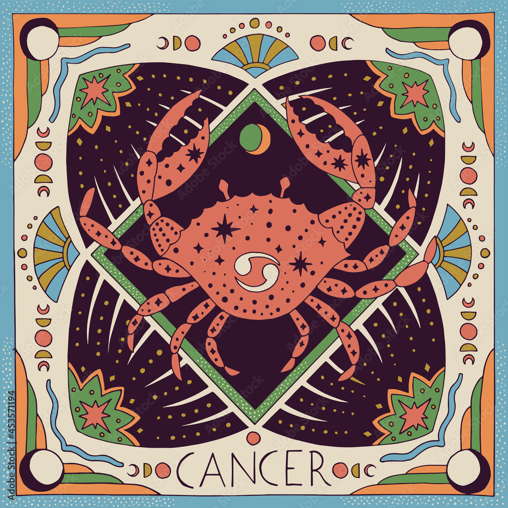 Cancer zodiac sign. Horoscope. Illustration for souvenirs and social networks - obrazy, fototapety, plakaty 