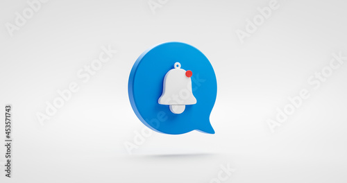 Blue notification bell alarm icon or receive email attention sms sign and internet message illustration isolated on white background with web communication symbol element. 3D rendering.