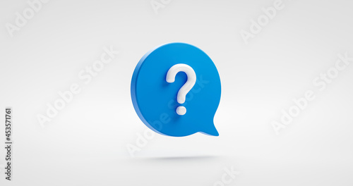 Blue question mark icon sign or ask faq answer solution and information support illustration business symbol isolated on white background with problem graphic idea or help concept. 3D rendering. photo