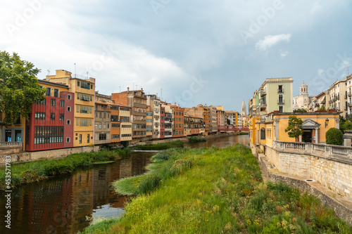 Girona medieval city, traditional colored houses on the Onyar river, Costa Brava of Catalonia in the Mediterranean. Spain