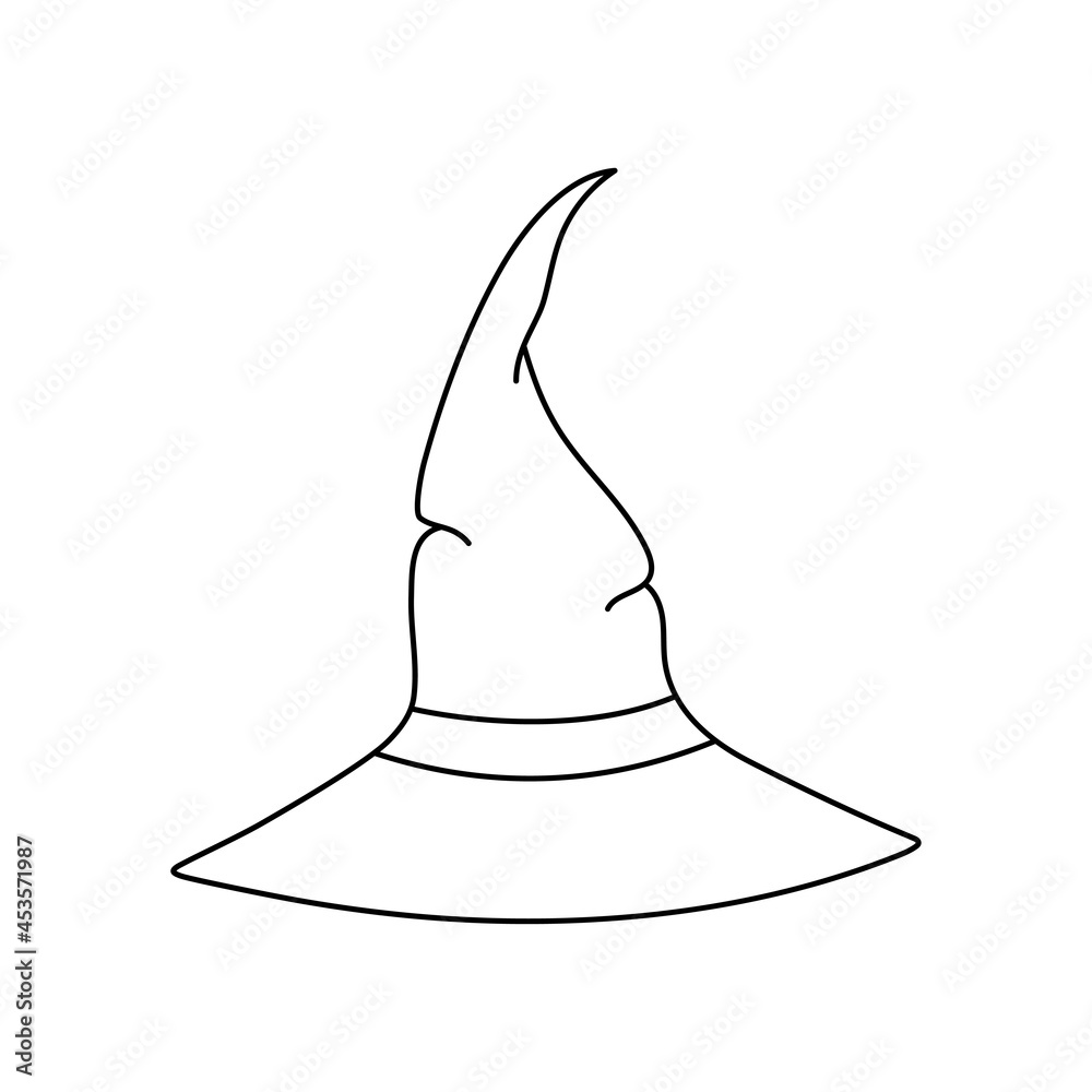 Fototapeta premium Witch hat vector illustration in doodle style. Hand drawn wizard cap for holiday Halloween. Black icon isolated on white background. Scary silhouette magician hat. Accessory for party on Halloween