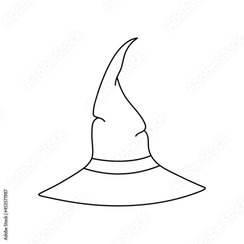 Witch hat vector illustration in doodle style. Hand drawn wizard cap for holiday Halloween. Black icon isolated on white background. Scary silhouette magician hat. Accessory for party on Halloween