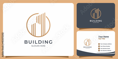 Minimalist building logo with line art style logo design and business card template