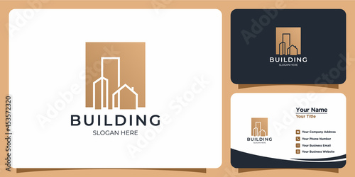 Minimalist building logo with line art style logo design and business card template