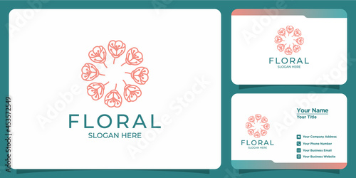 Set of hand drawn feminine and modern floral template logos and business cards