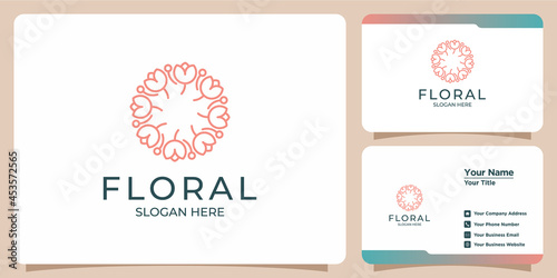 Set of hand drawn feminine and modern floral template logos and business cards