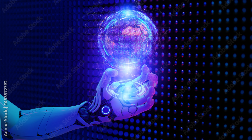 Fototapeta premium Digital marketing future smart world technology futuristic 3D robot hand on digital world cyber background. Modern big data business digital marketing strategy internet metaverse technology