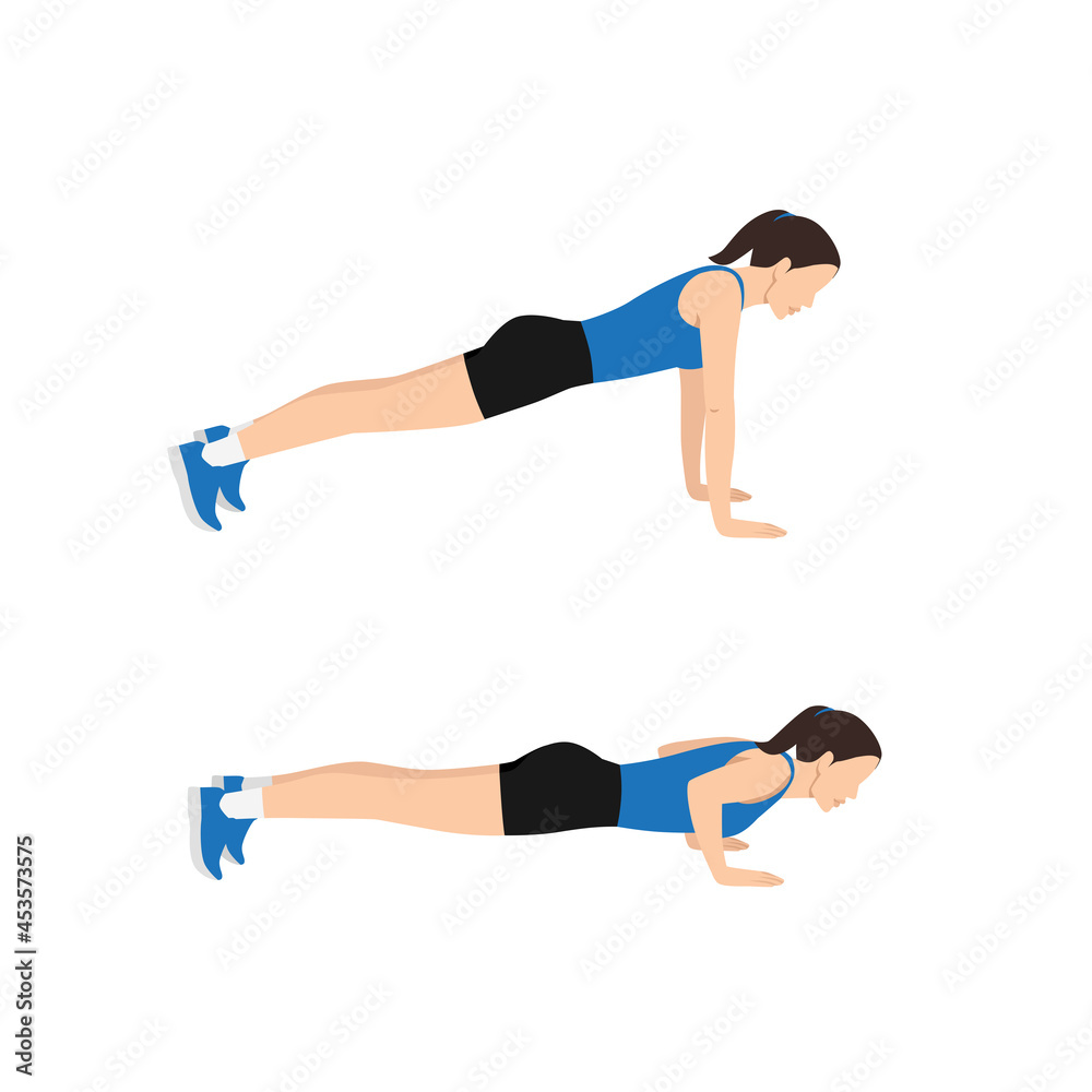 Woman doing push ups exercise. Flat vector illustration isolated on white background Woman doing push ups exercise. Flat vector illustration isolated on white background