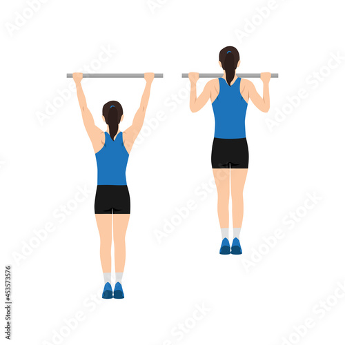 Woman doing Pull up exercise. Flat vector illustration isolated on white background