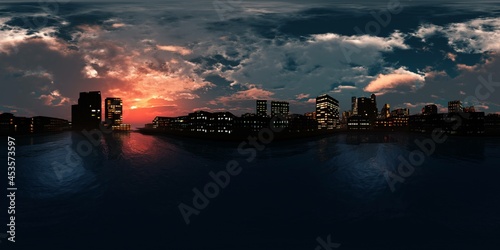 Beautiful sea sunset, Night city. HDRI . equidistant projection. Spherical panorama. panorama 360. environment map