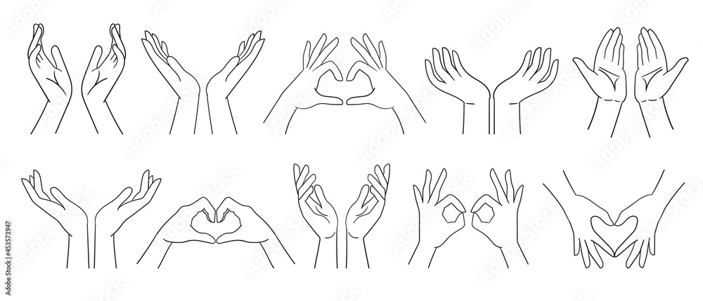 Designation of numbers with hands, gestures. Counting to five - hands. Vector illustration isolated on white. line art Designation of numbers with hands, gestures. Counting to five - hands. Vector illustration isolated on white. line art