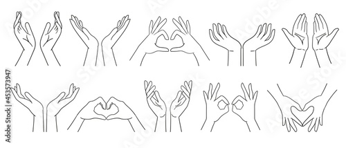Designation of numbers with hands, gestures. Counting to five - hands. Vector illustration isolated on white. line art