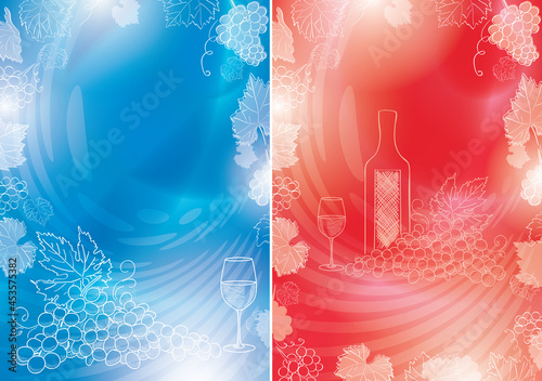 blue and red backgrounds for celebrating grape harvest - vector flyers with grapes and wine glass